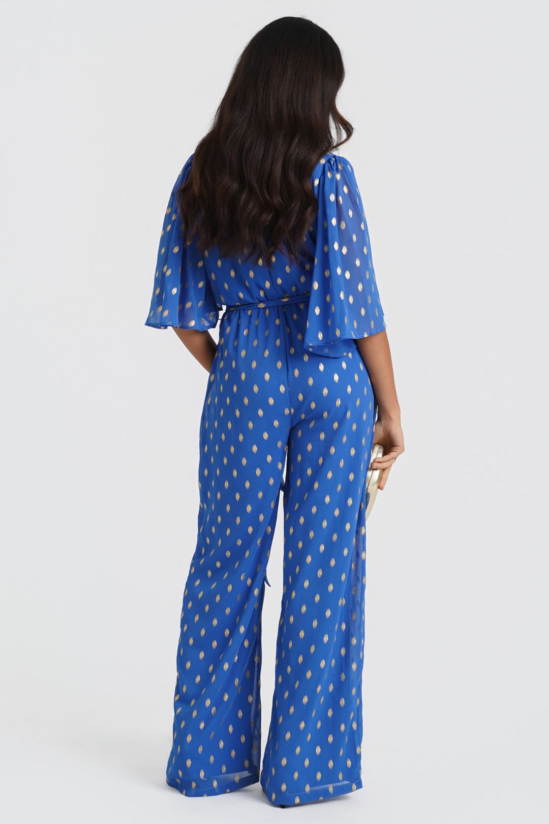 Needs No Label Women's Blue Foil Angel Sleeve Jumpsuit