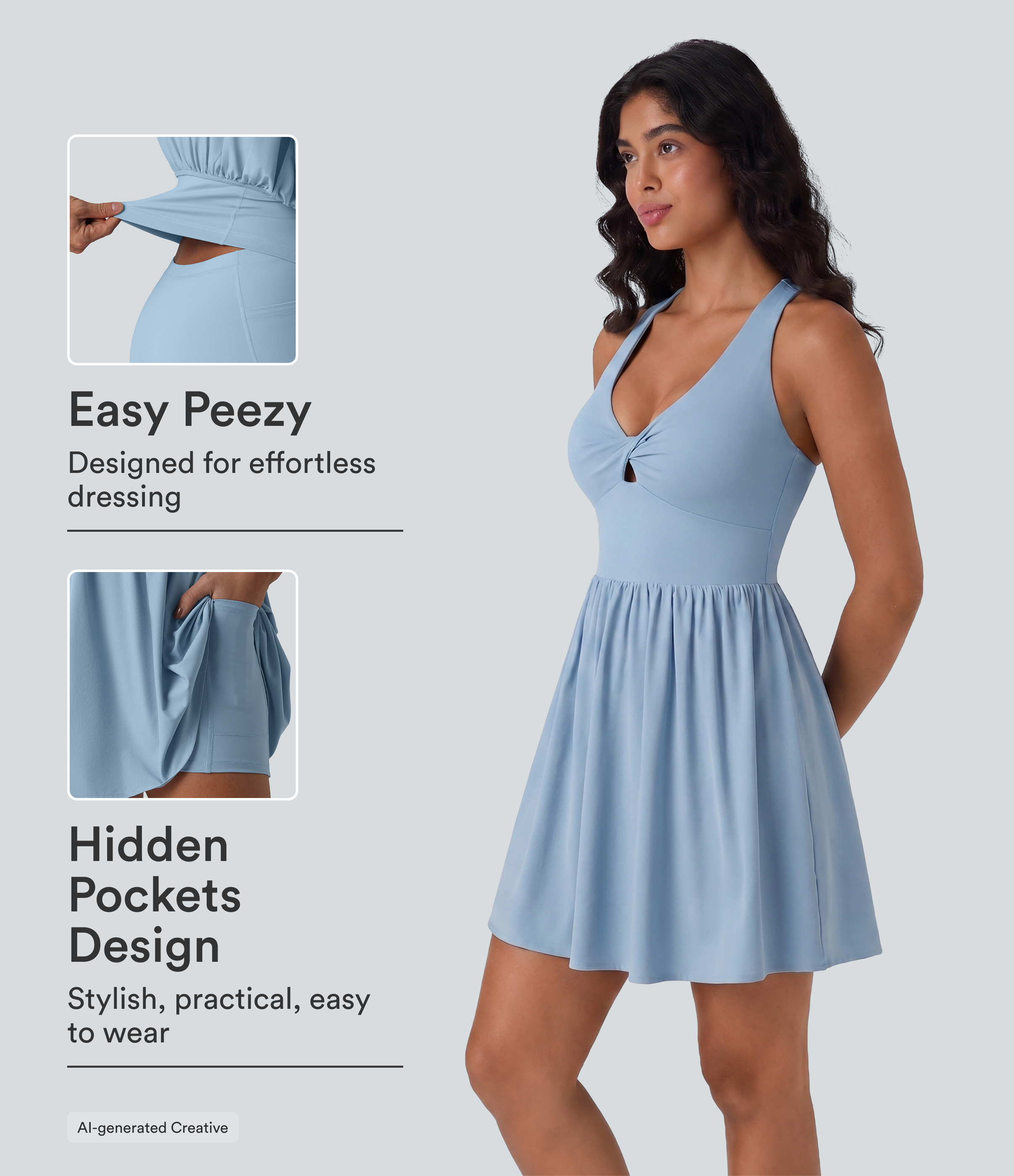 Breezeful™ V Neck Built-in Bra Racerback 2-in-1 Quick Dry Mini Tennis Active Dress with Pockets-Easy Peezy Edition Workout Dress - Angel Falls