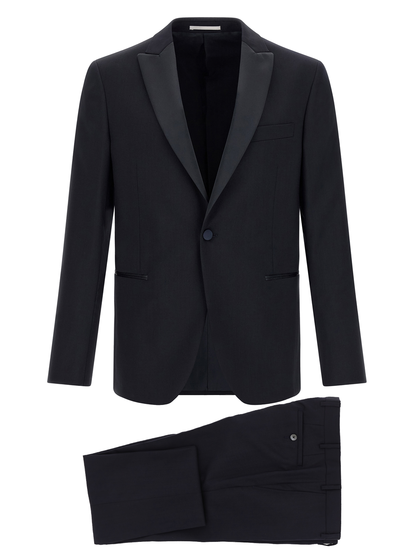 Satin Peak Lapel Wool Pant Suit — Black