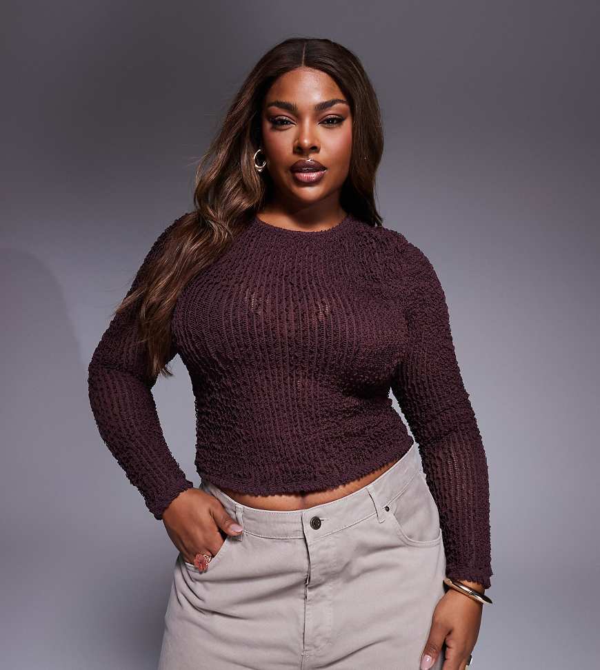 ASOS DESIGN Curve long sleeve textured ruffle top in brown