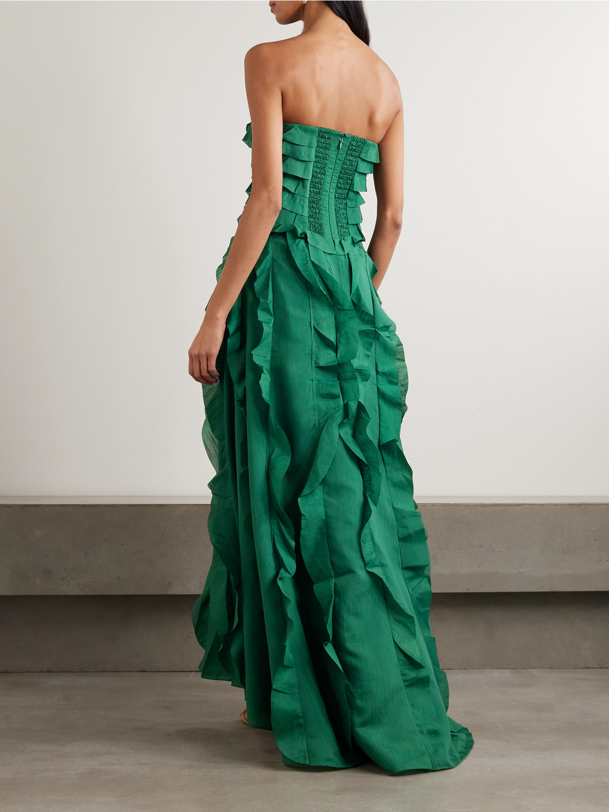 Allairie Strapless Ruffled Shirred Faille Gown - Green
