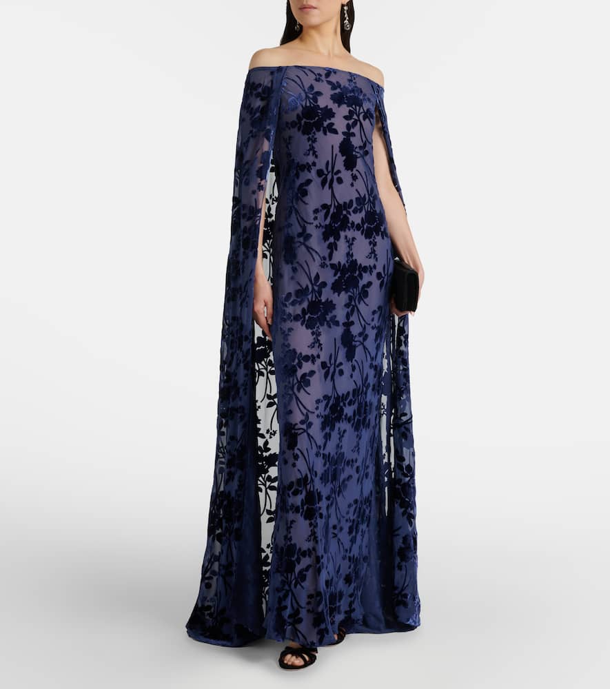 Caped off-shoulder jacquard maxi dress