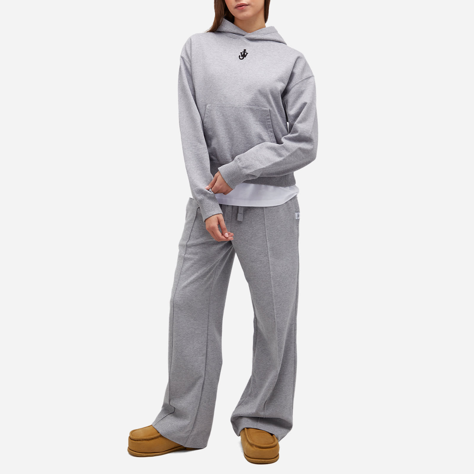 Women's Anchor Embroidery Cropped Hoodie in Grey Melange