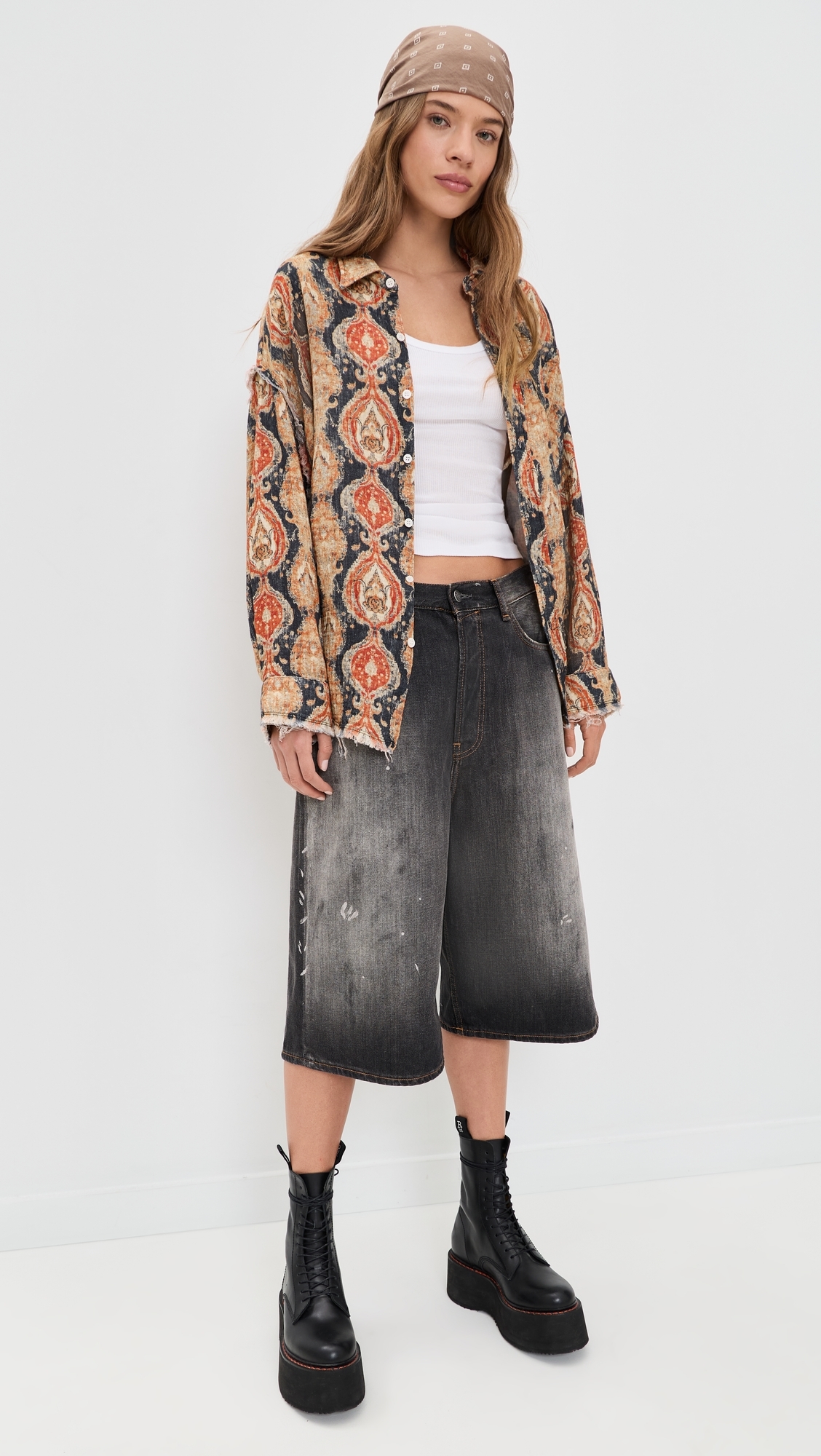 Shredded Seam Drop Neck Shirt Orange Dark Navy Multicolor