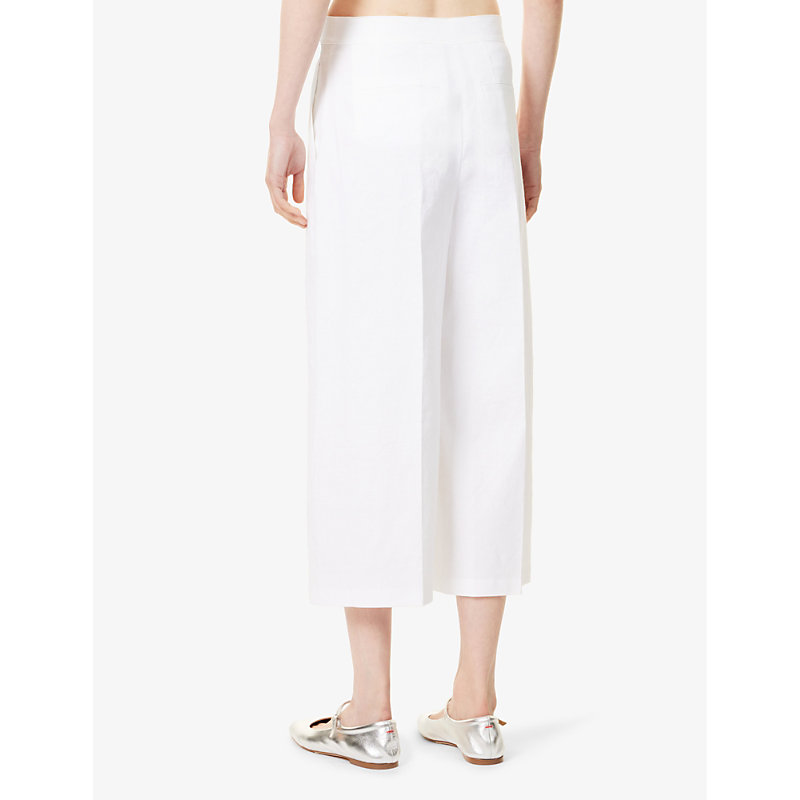 Womens White Crosshatch-weave Wide-leg Mid-rise Linen-blend Trousers