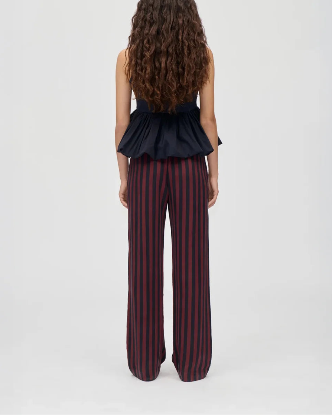 Elasticated Long Pants Navy and Burgundy Wallpaper Stripes