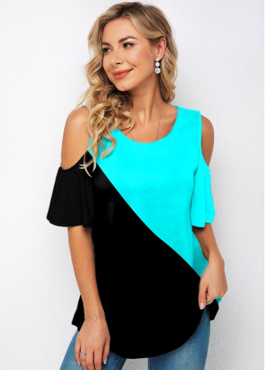 Modlily Cold Shoulder Round Neck Flare Sleeve T Shirt