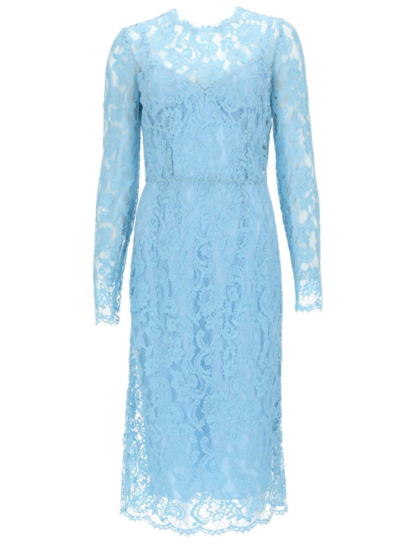 Blue Lace Round Neck Midi Dress