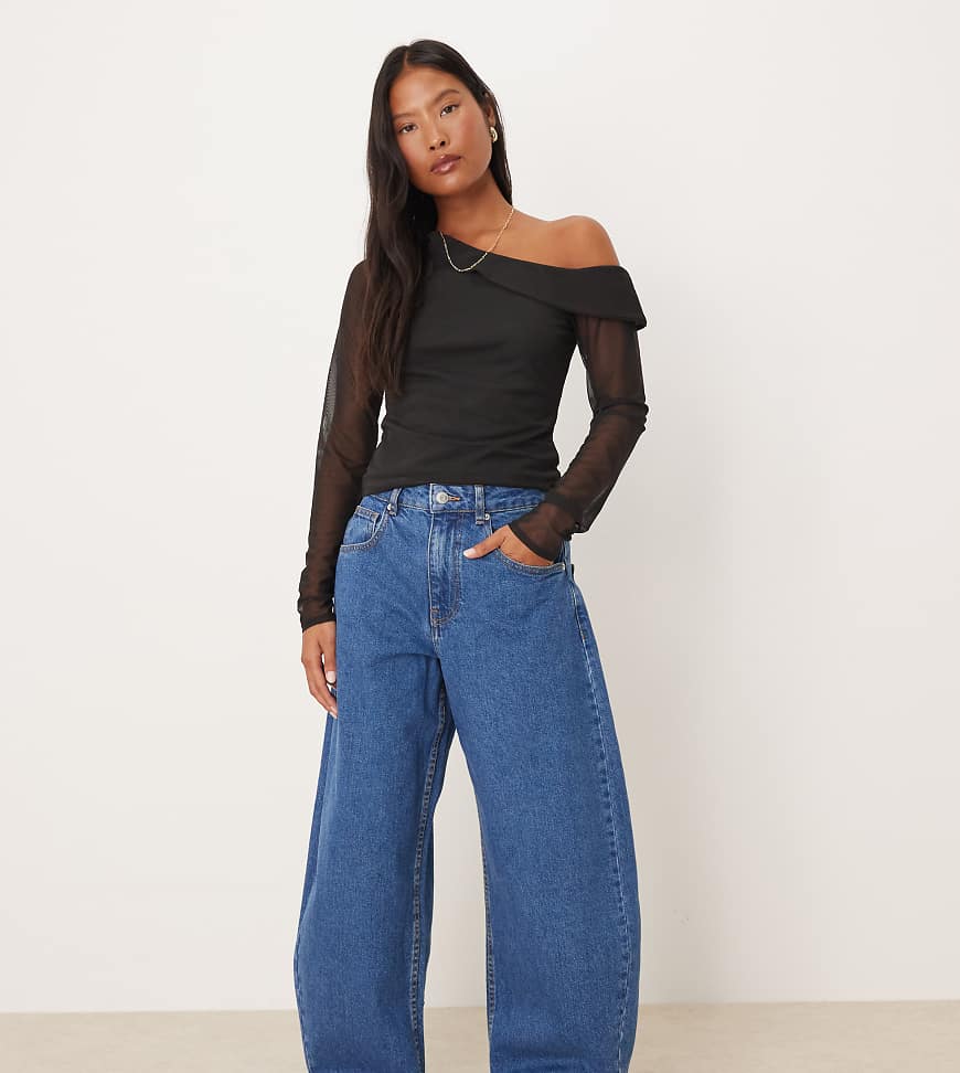 ASOS DESIGN Petite high waisted barrel leg jeans in mid blue