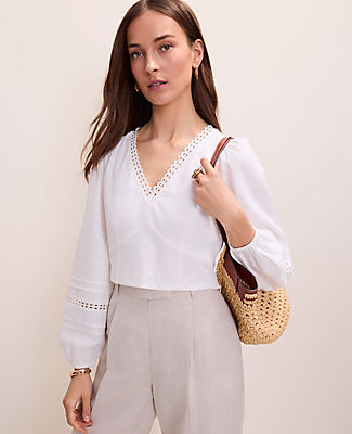 Ann Taylor Embroidered V-Neck Blouse in Linen Blend