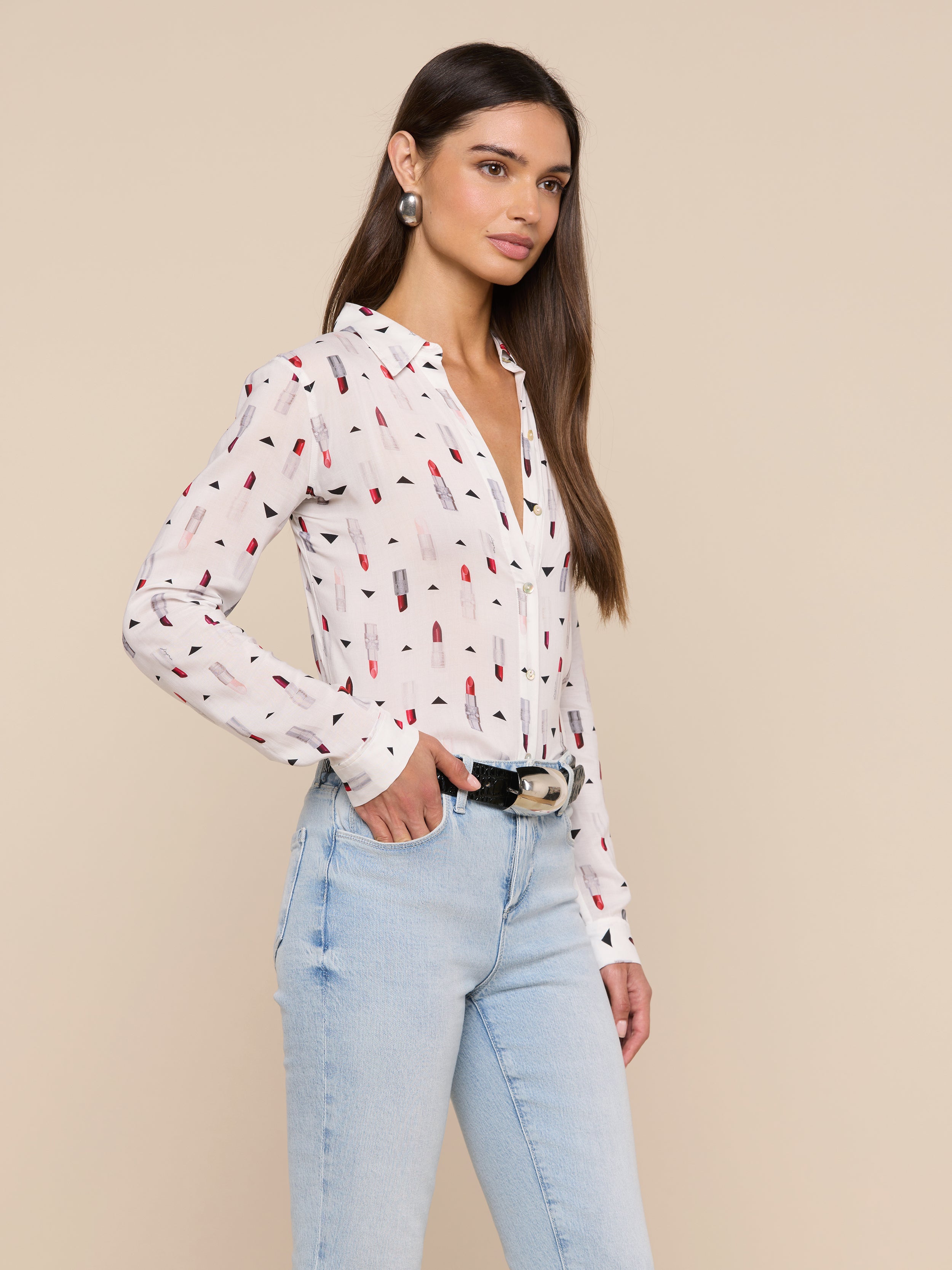Holly Blouse Top In Ivory Multi Lipstick Geo