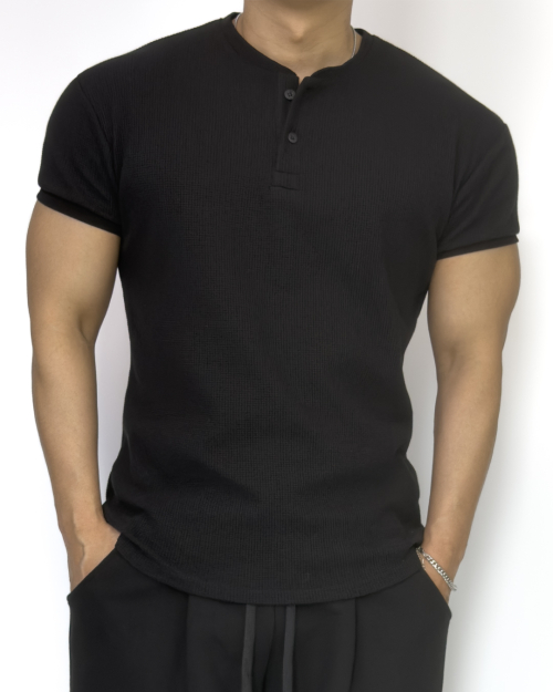 Muscle Fit Waffle Henley Neck Short Sleeve BLACK