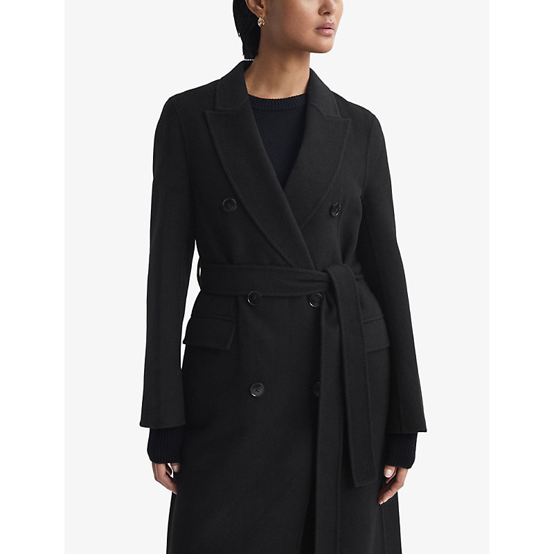 Womens Black Arla Double-breasted Belted Wool-blend Coat