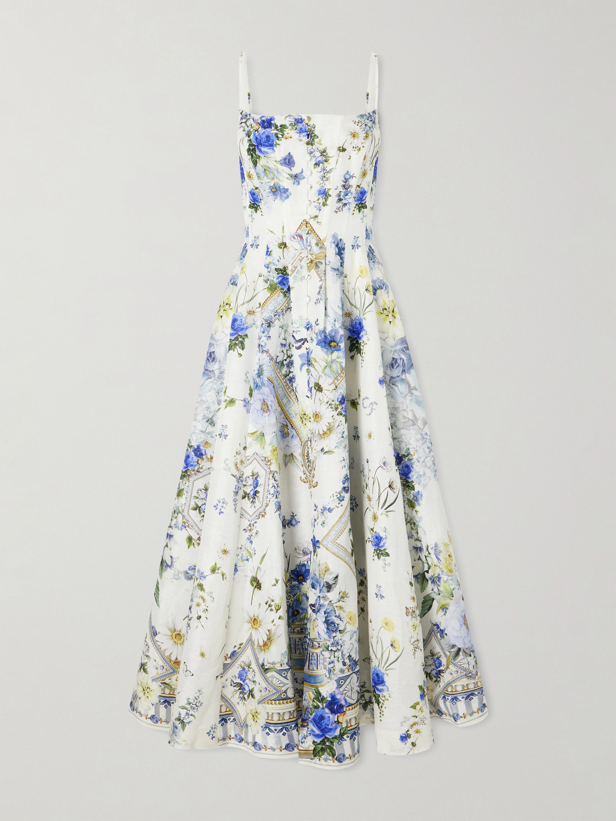 Embellished Floral-print Linen And Silk-blend Midi Dress