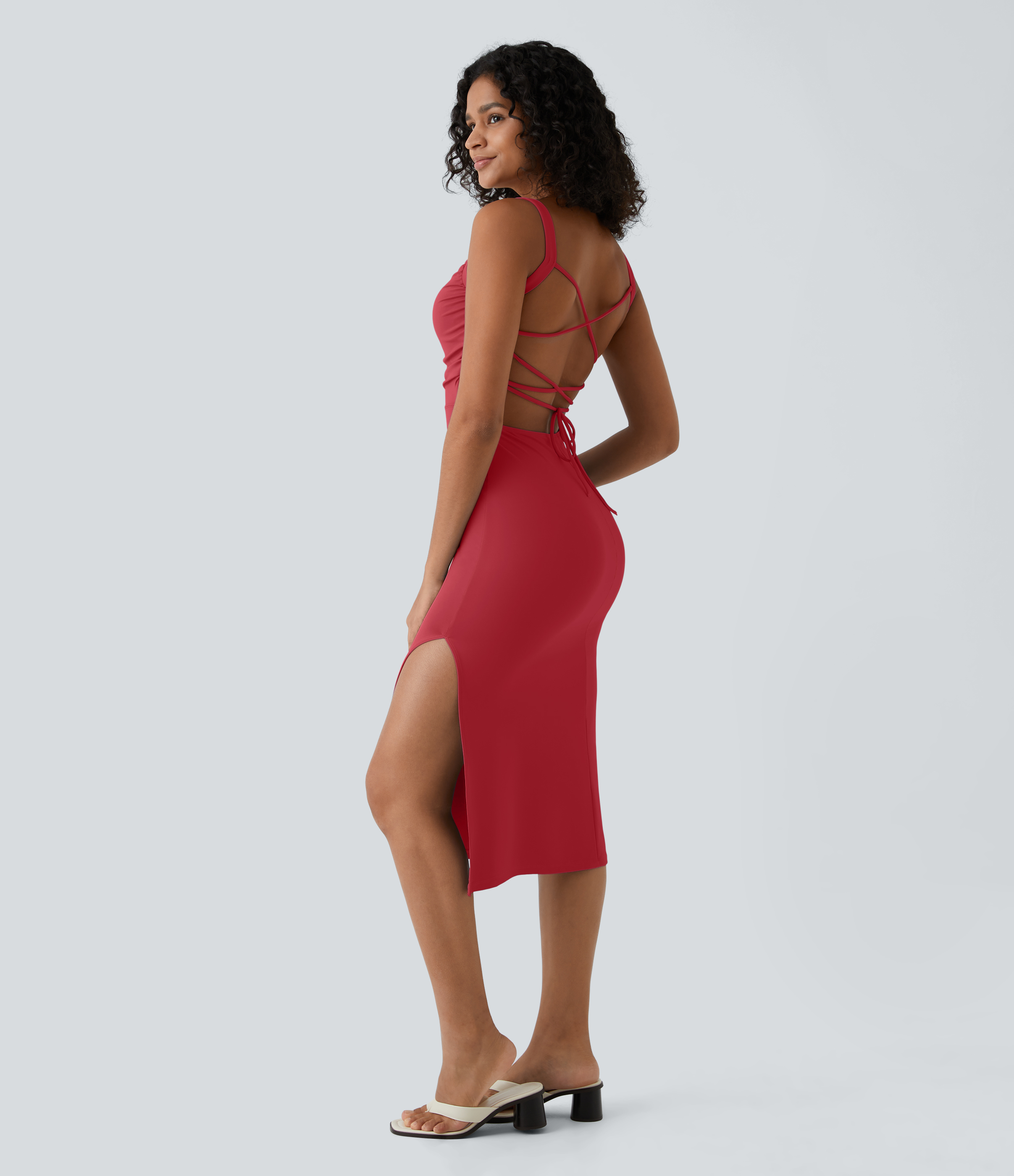 Ruched Lace Up Bodycon Midi Casual Dress Casual Dress - Winterberry
