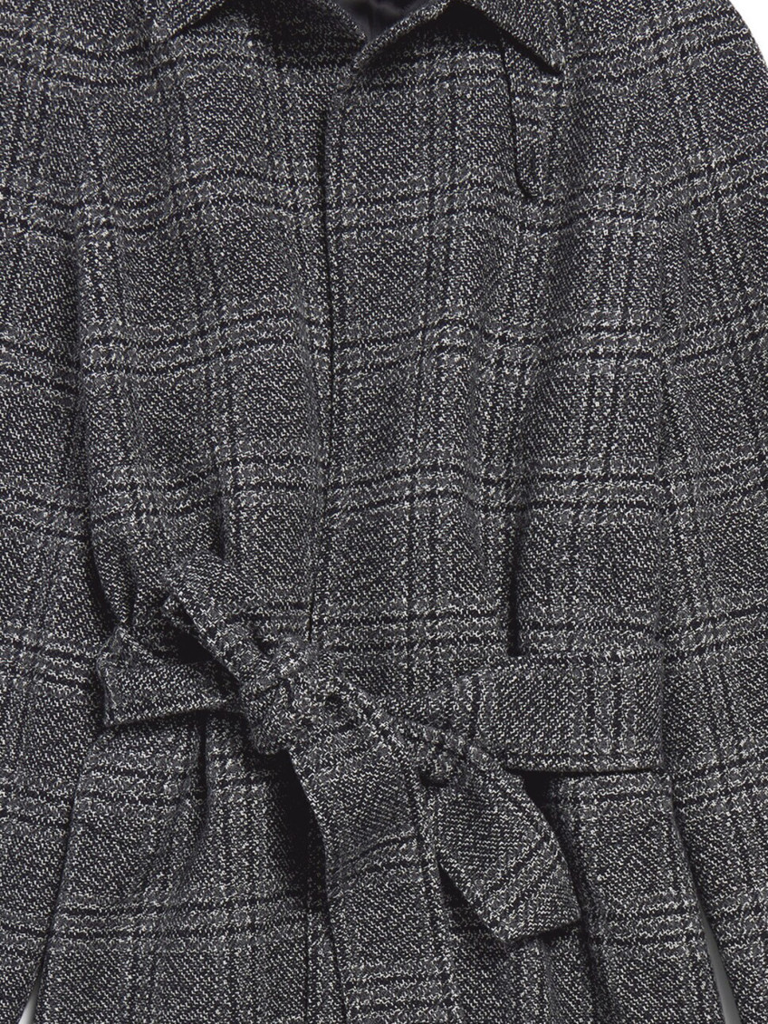 Grey Coat With Wide Notched Revers And All-over Check Motif In Wool Woman