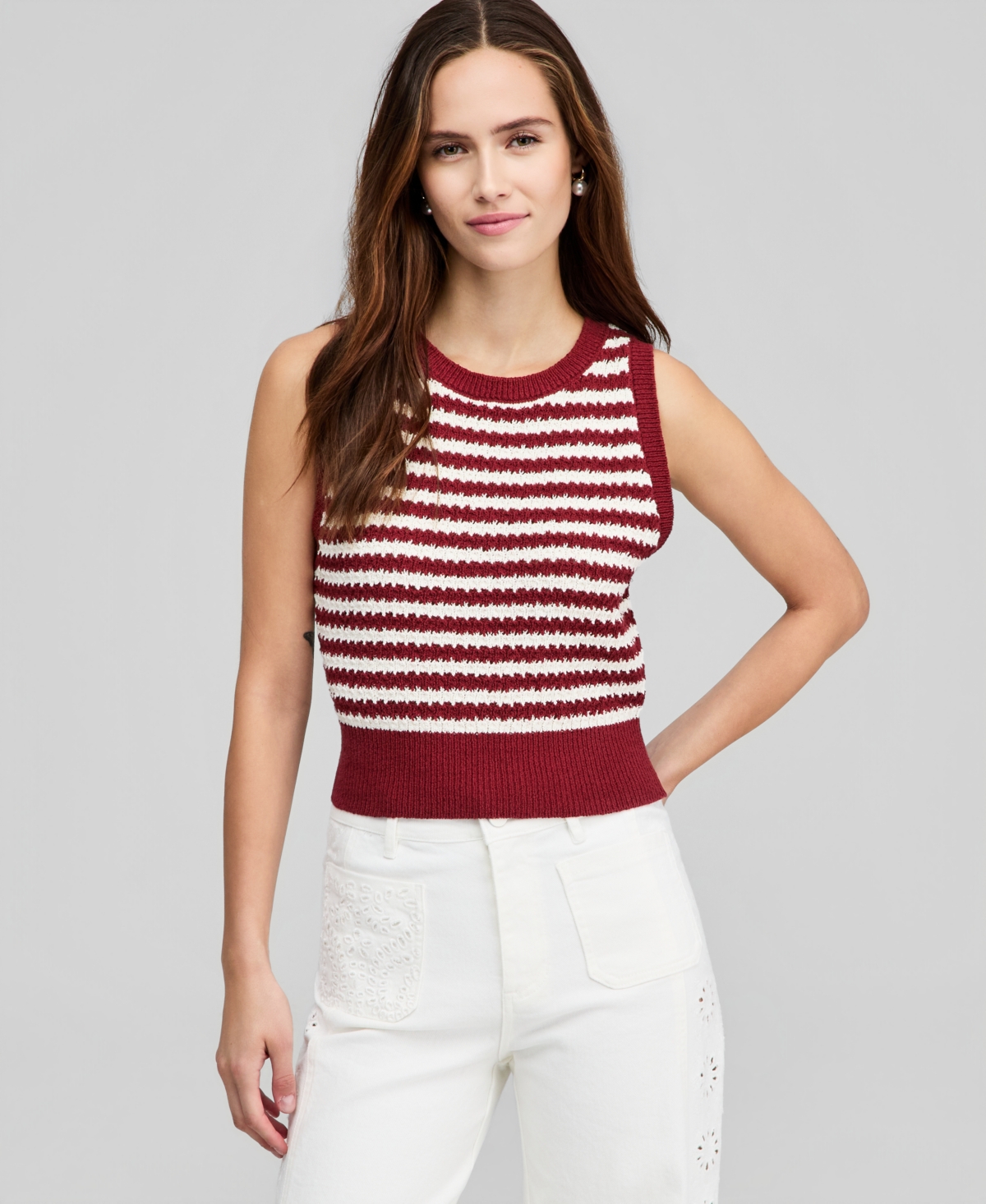 Petite Open-Stitch Striped Sweater, Macy's Exclusive - Crimson Combo