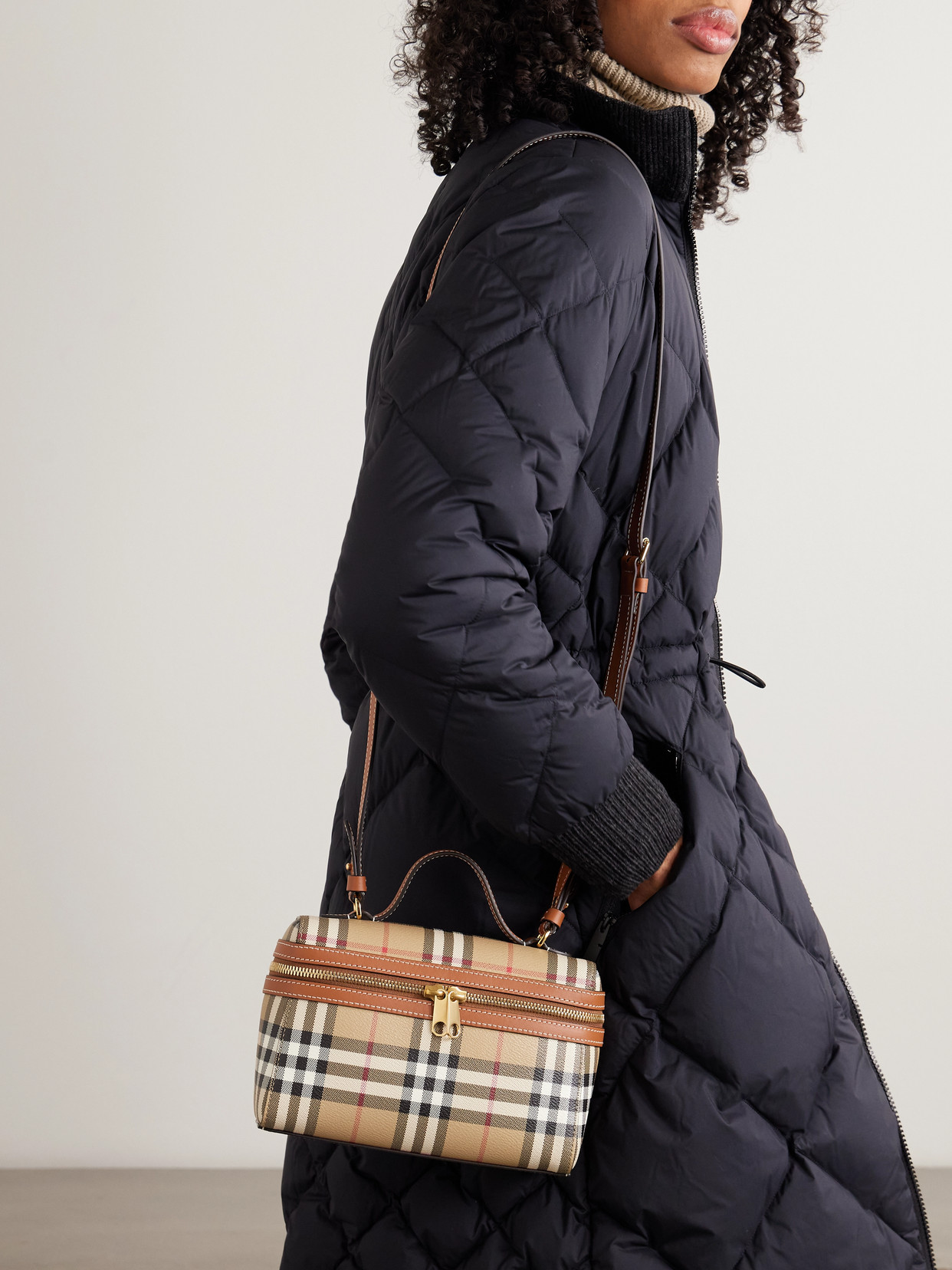 Leather-trimmed Checked Shoulder Bag - Brown