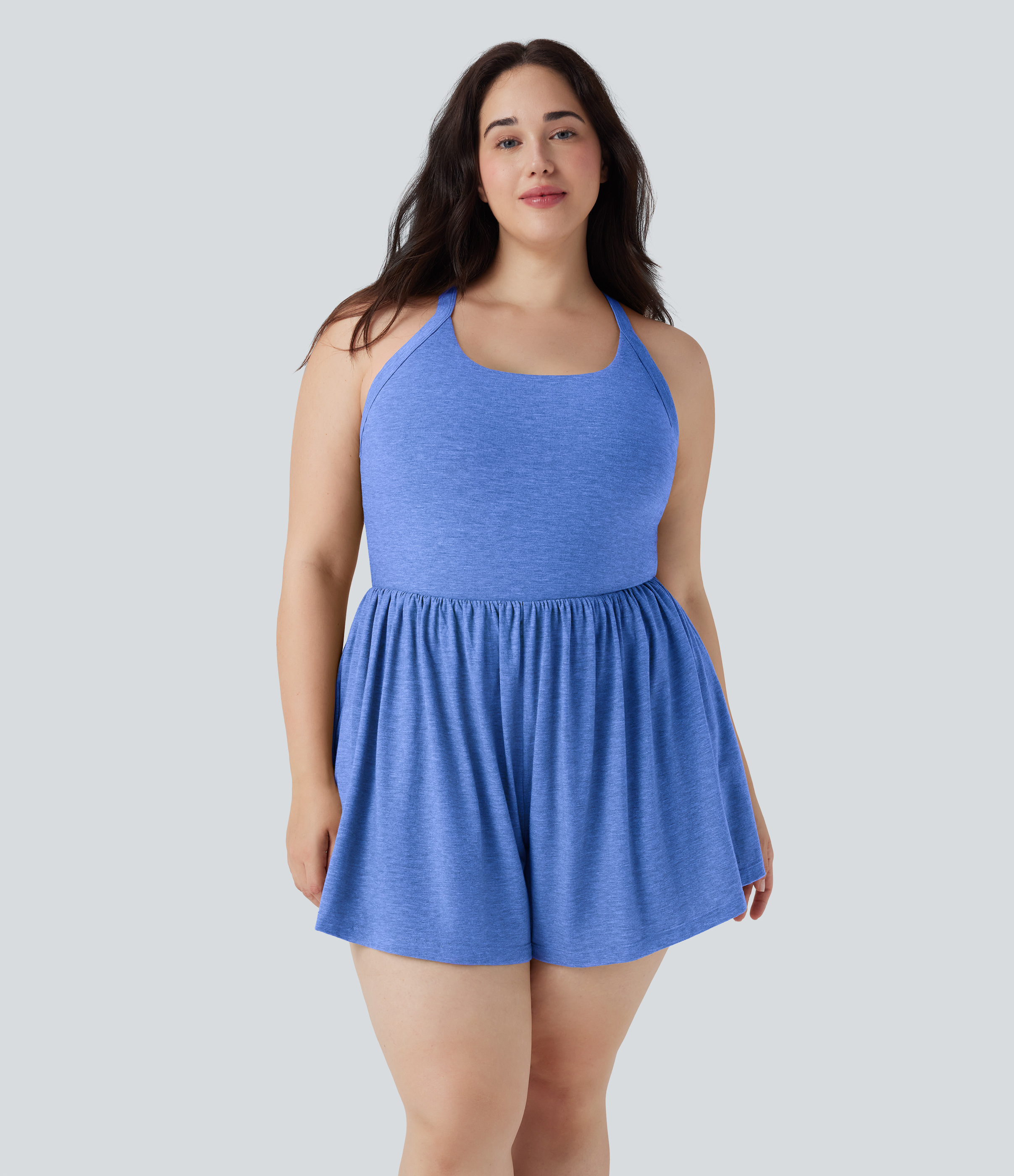 2-in-1 Plus Size Romper with Pockets-Easy Peezy Edition  - Sky Blue Floral Yarn