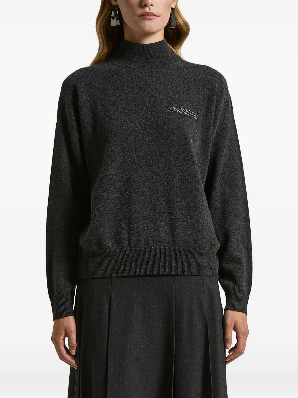 High-Neck Embellished Sweater — charcoal
