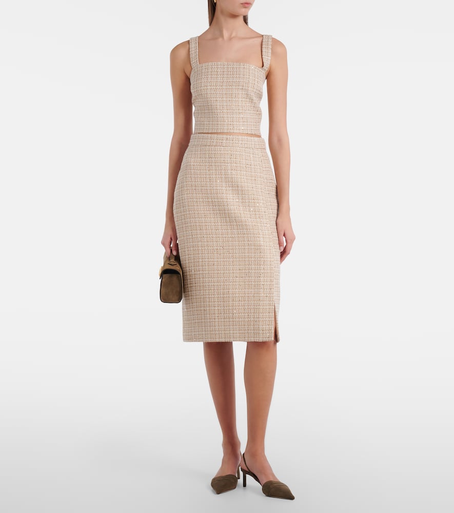 Checked sequined tweed midi skirt
