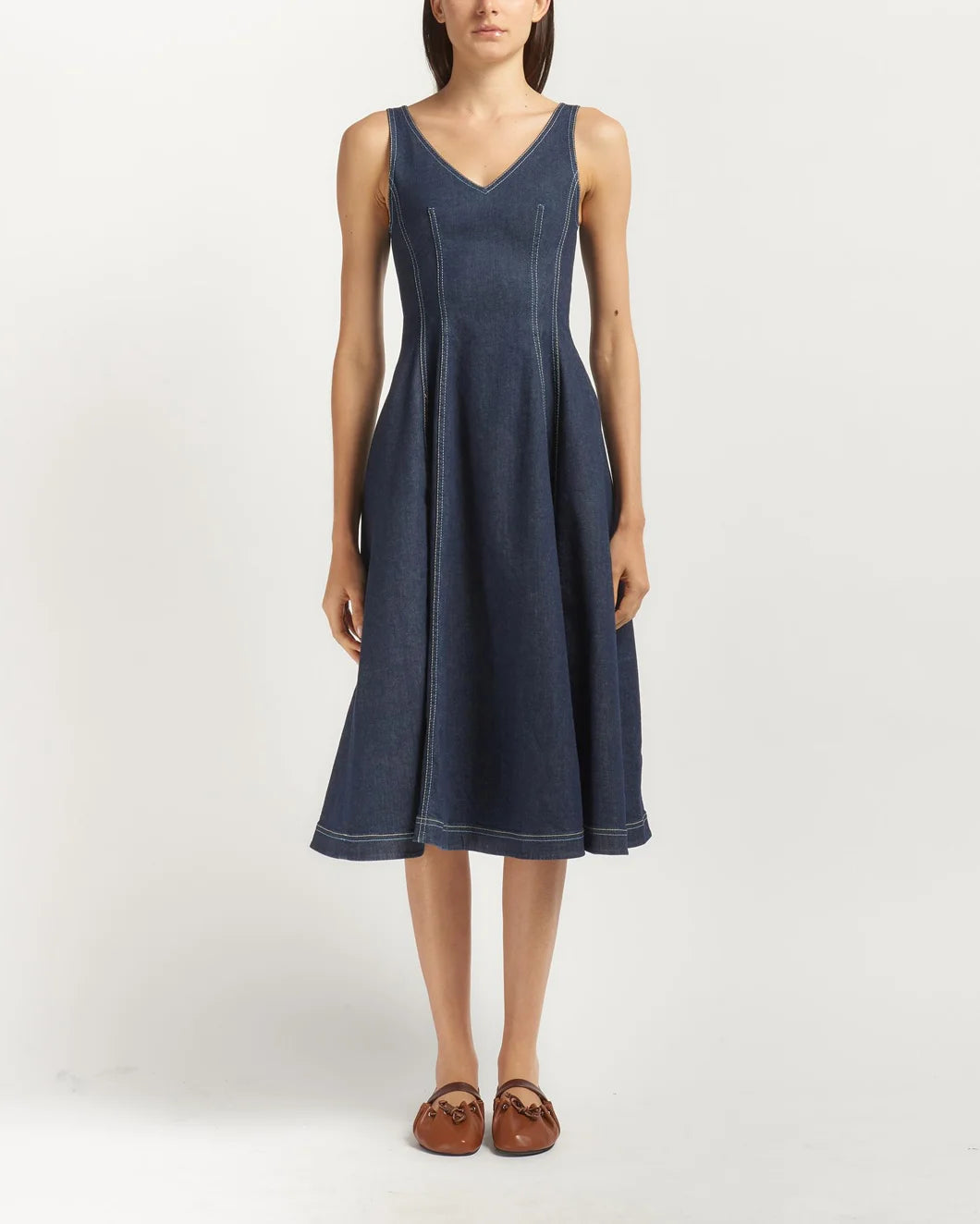 Stretch Denim Midi Balloon Dress