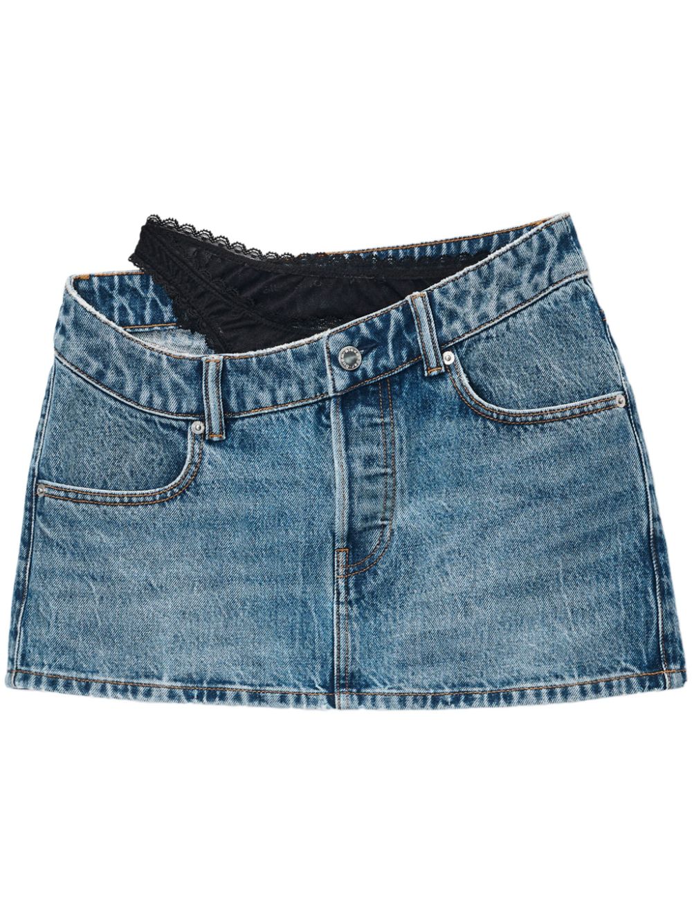 Asymmetric lace-detail denim skirt - Blue
