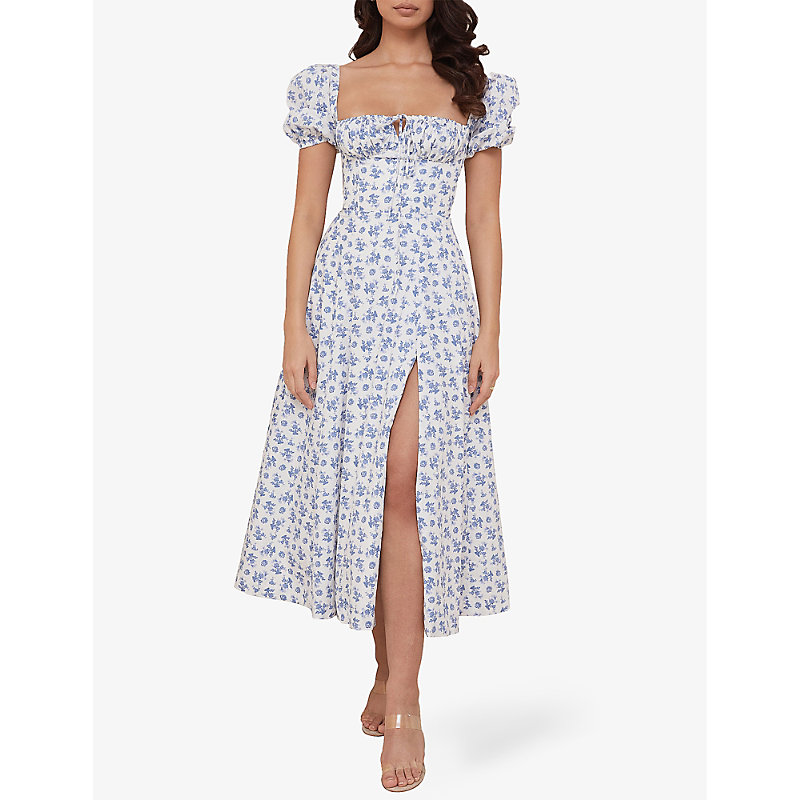 Womens Blue White Floral Tallulah Floral-print Stretch-cotton Blend Midi Dress