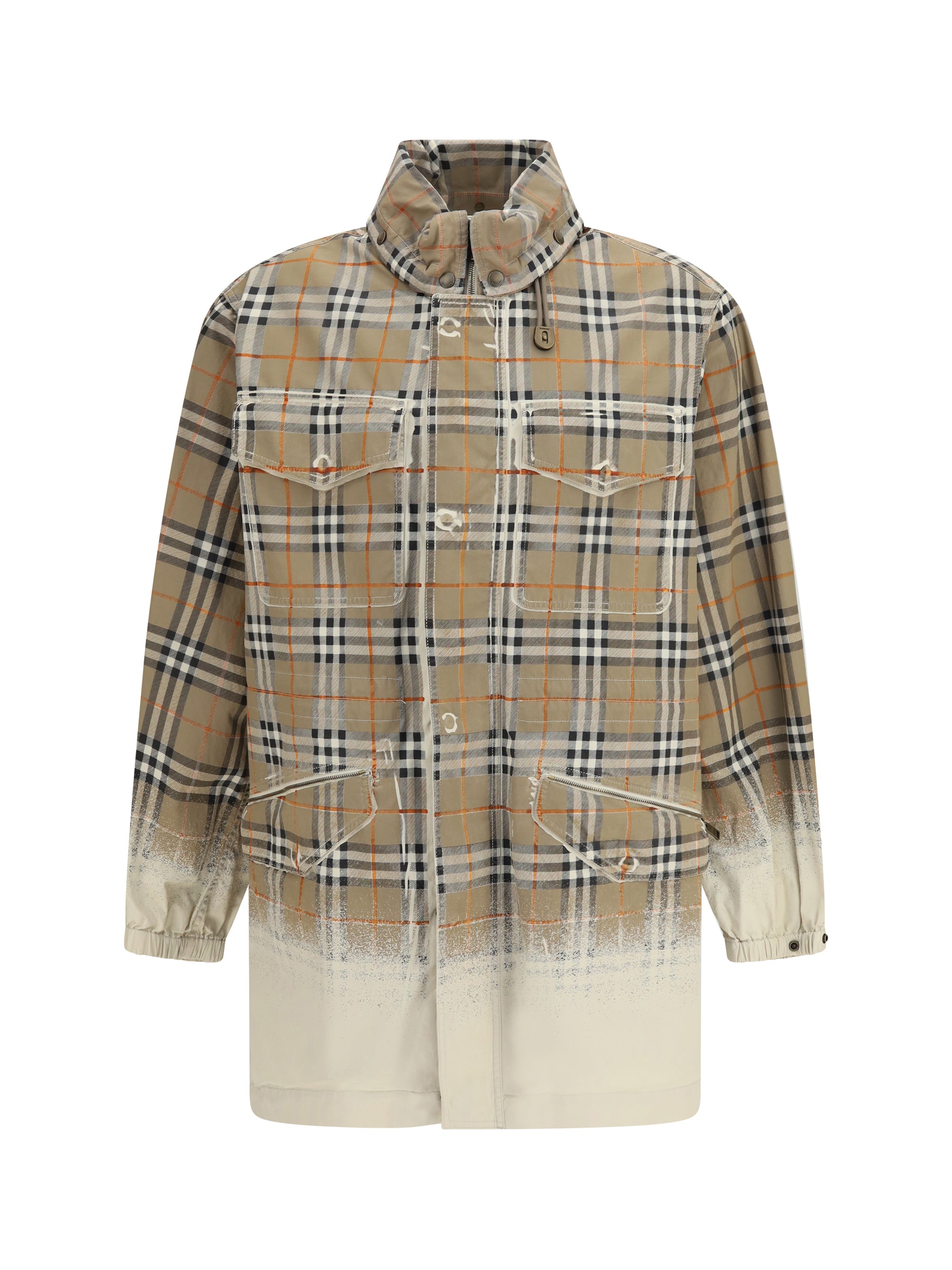 Faded Check Print Gabardine Parka — Taupe