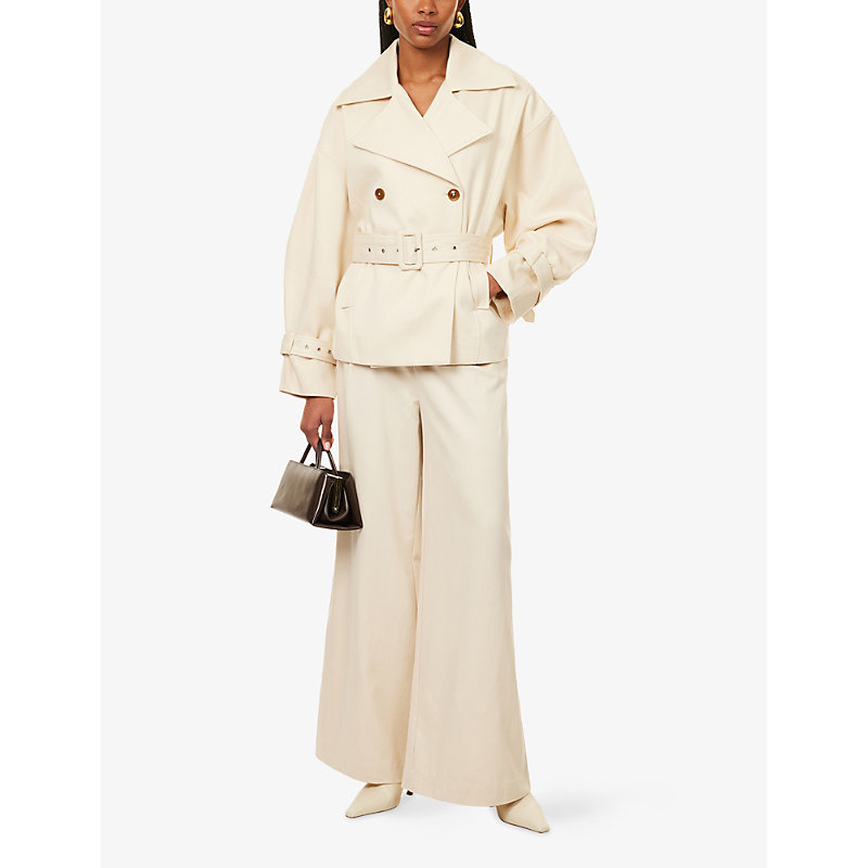 Womens Stone Double-Breasted Removable-Belt Cotton-Blend Trench Jacket