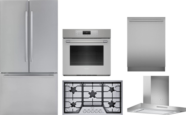 Thermador 5 Piece Kitchen Appliances Package with French Door Refrigerator and Dishwasher in Stainless Steel THRECTWODWRH523
