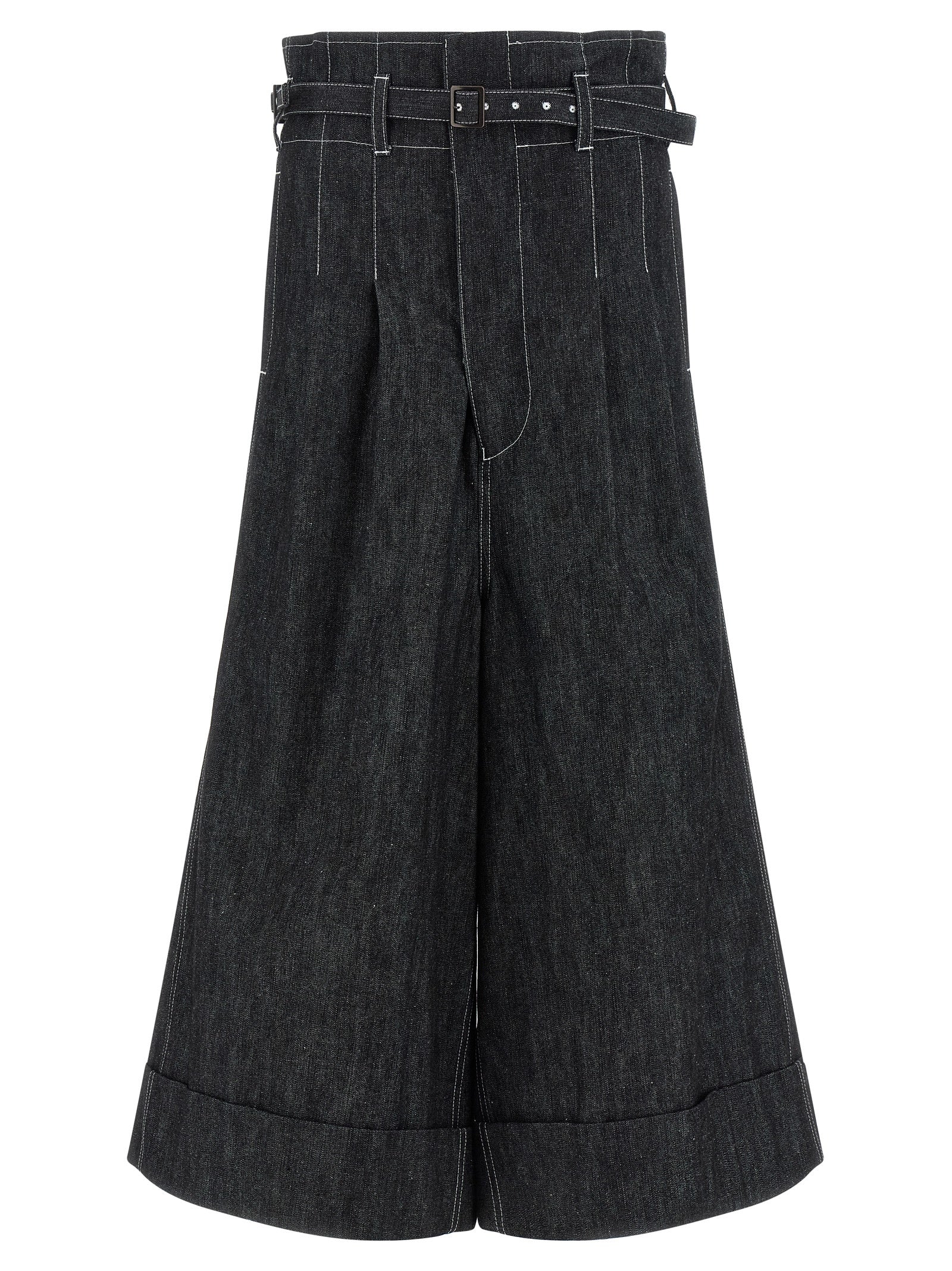 Wide-Leg Denim Bermuda Shorts — Black