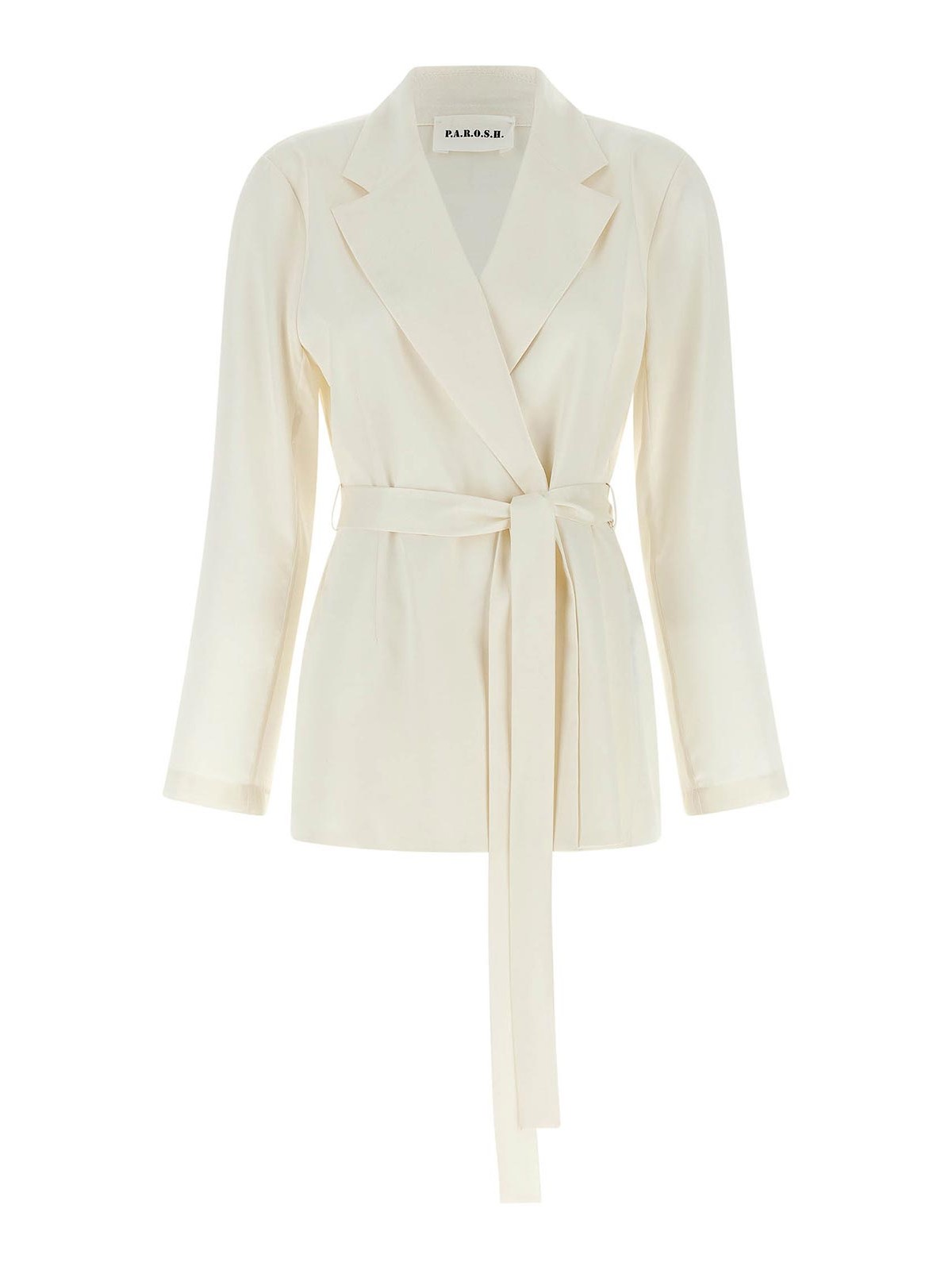 White Double-Breasted Jacket With Notched Revers And Front Belt Closure In Tech Fabric Woman