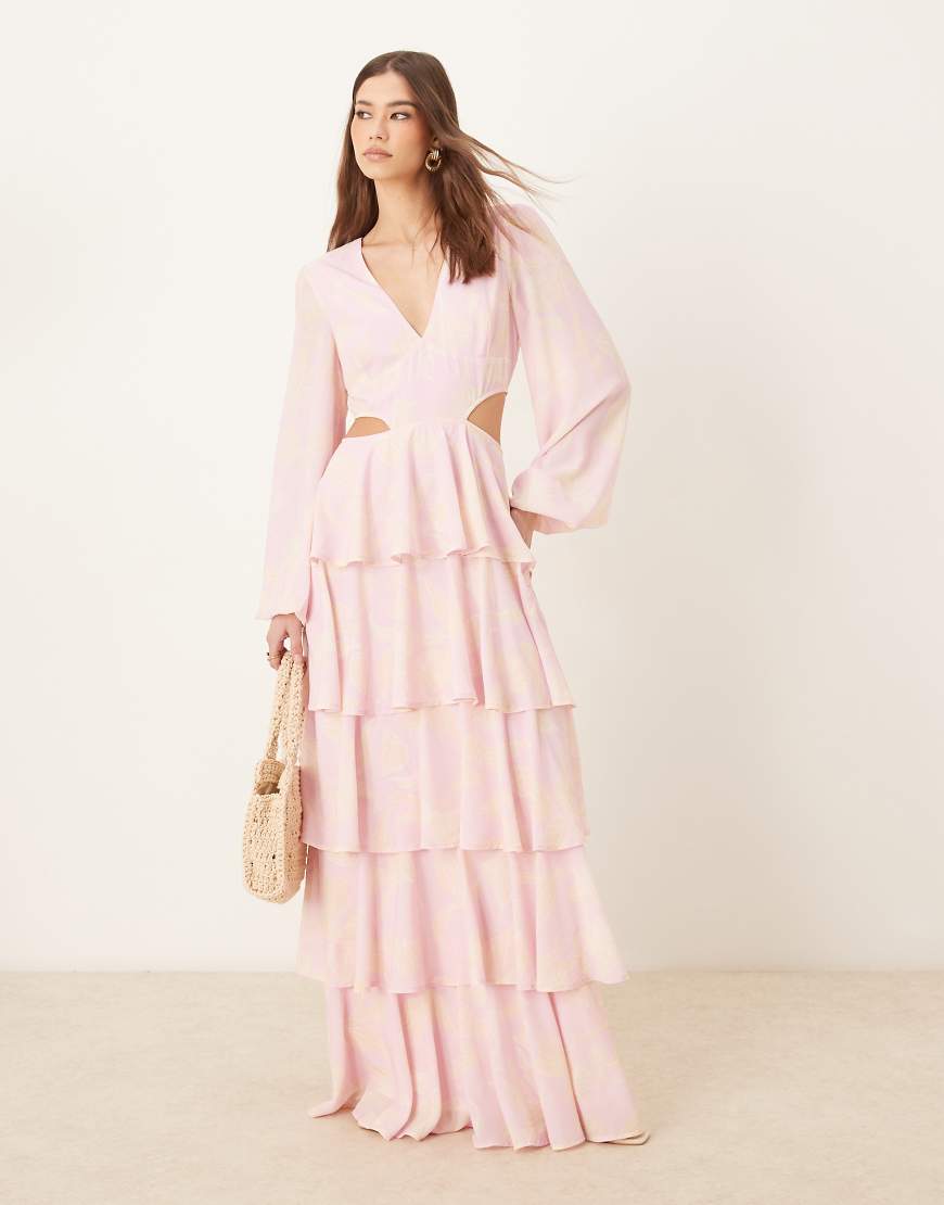 Pretty Lavish cut-out ruffle maxi dress in pink floral-Multi