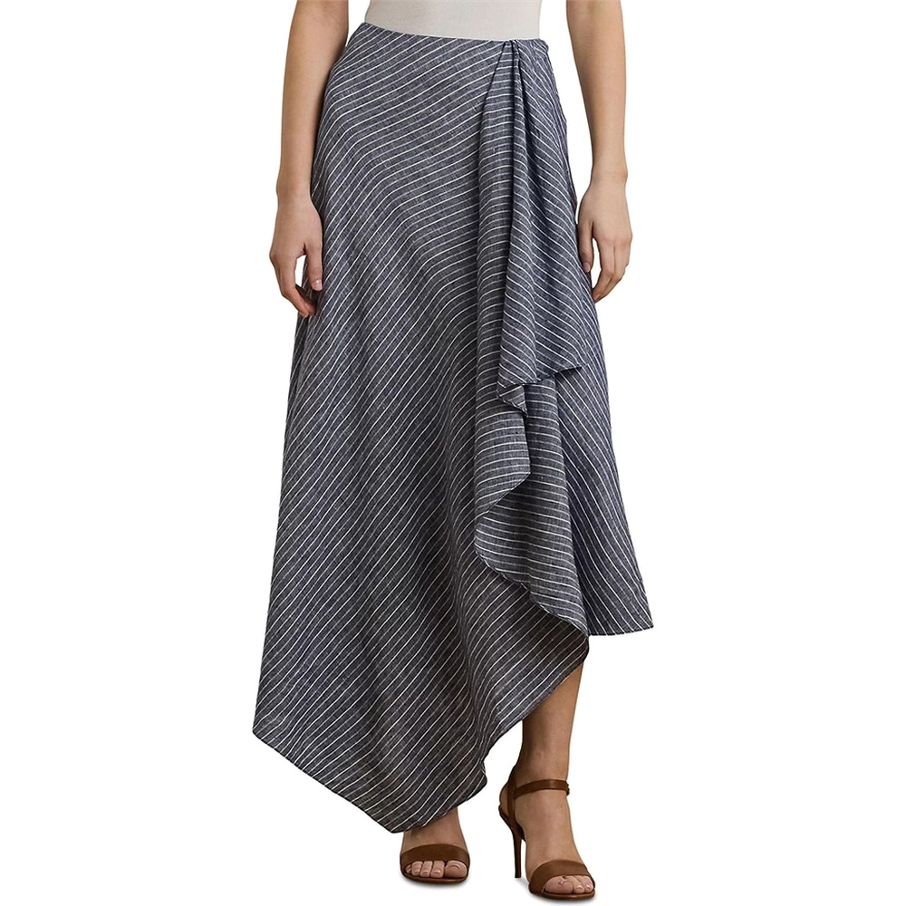 Blue and White Striped Linen A-Line Midi Skirt
