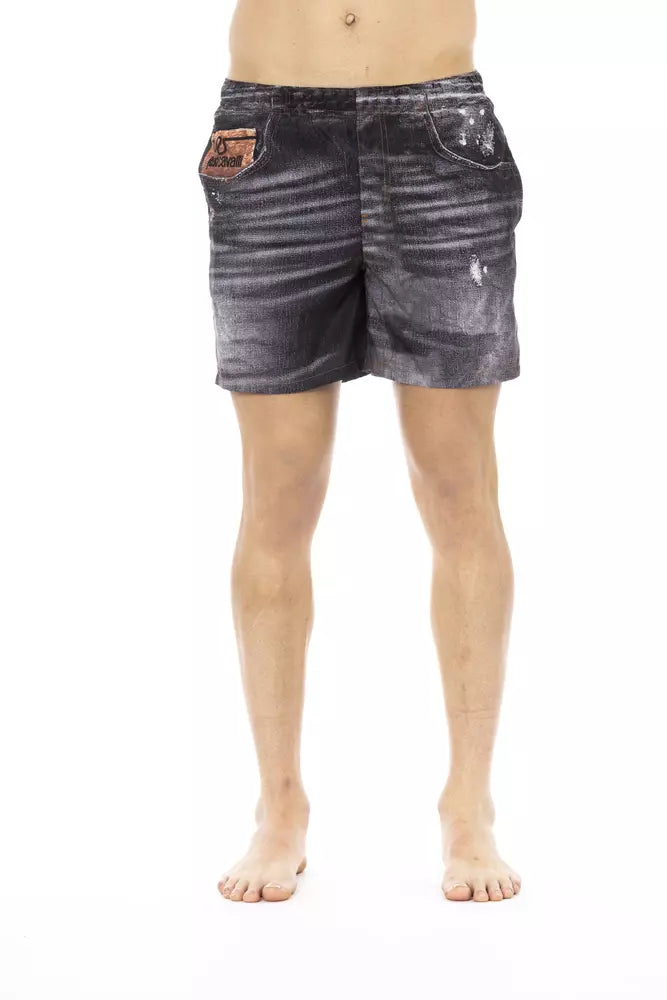 Denim Print Swim Shorts — Black