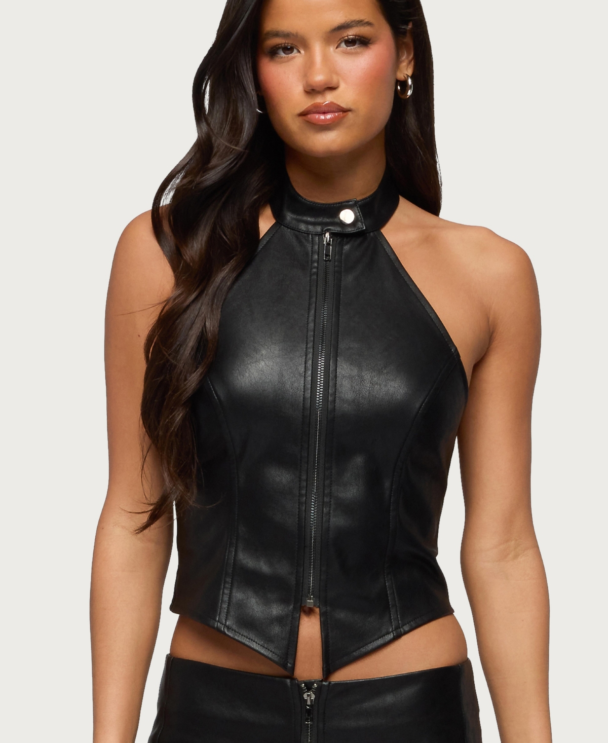 Women's Diana Zip Up Faux Leather Halter Top - Black
