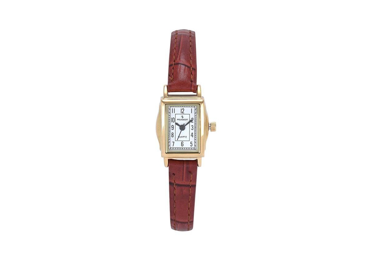 Women's Vintage 14K Gold-Plated Rectangular Small Face Watch with Brown Leather Strap