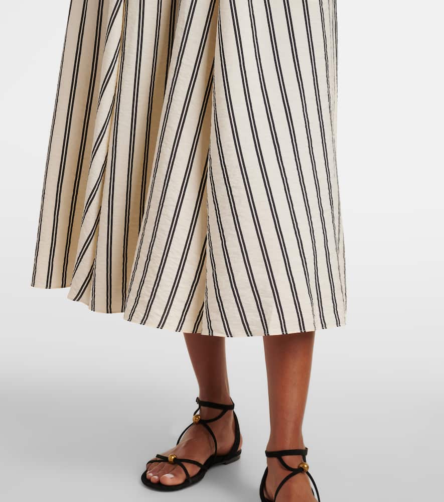 Shirred striped silk-blend midi dress