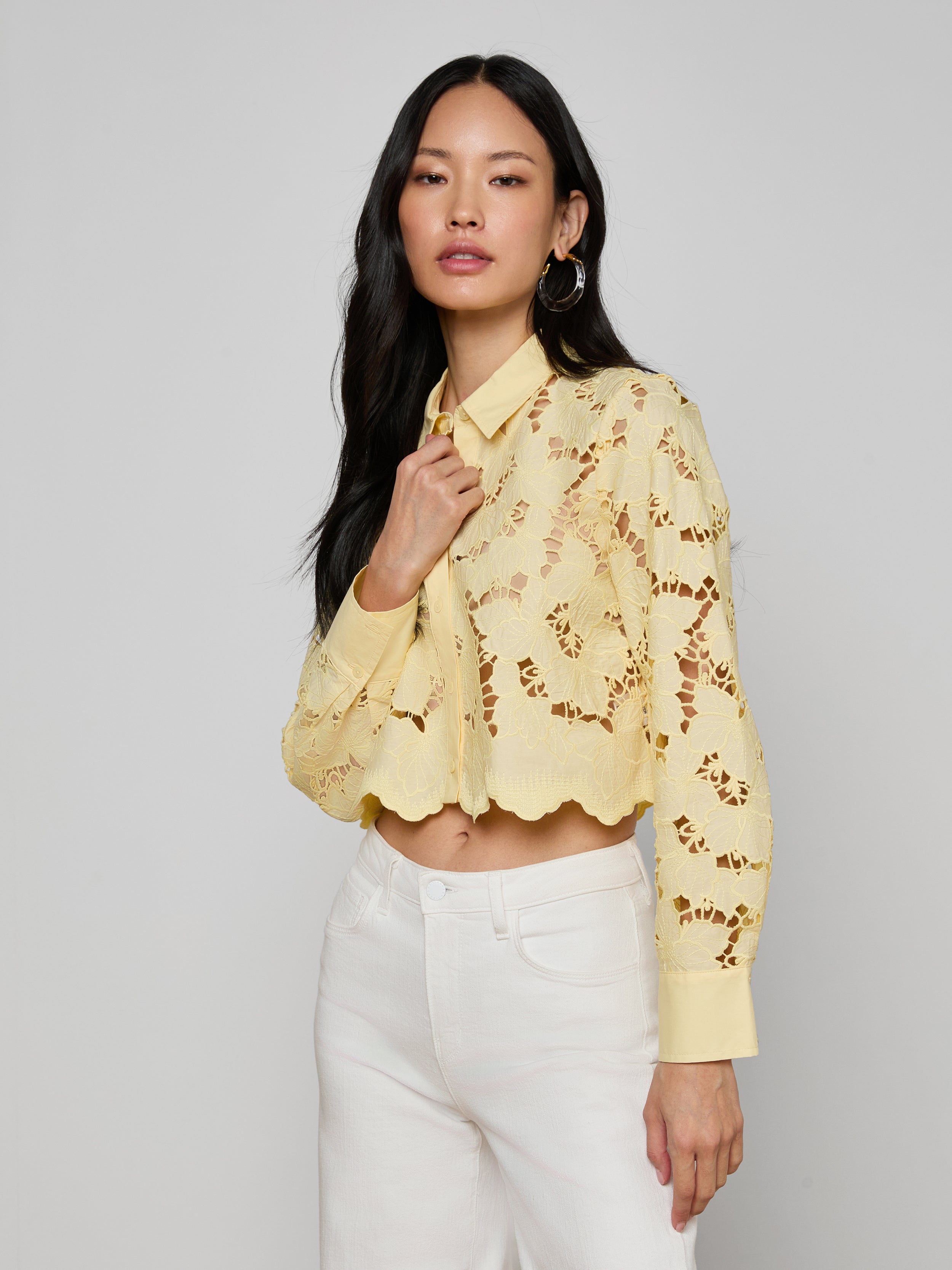 Seychelle Cropped Eyelet Blouse Top In Lemon Sorbet