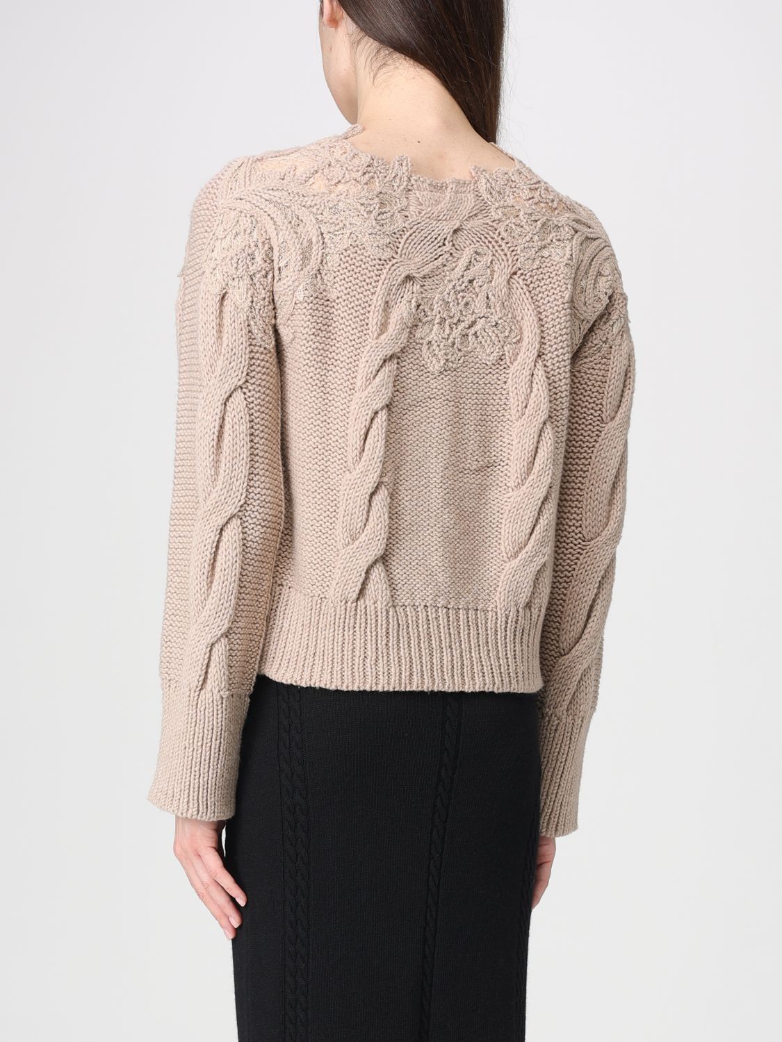 Lace-insert cable-knit sweater - Brown