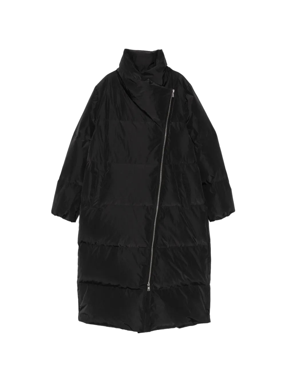Quilted Asymmetric Zip Down Coat — Black