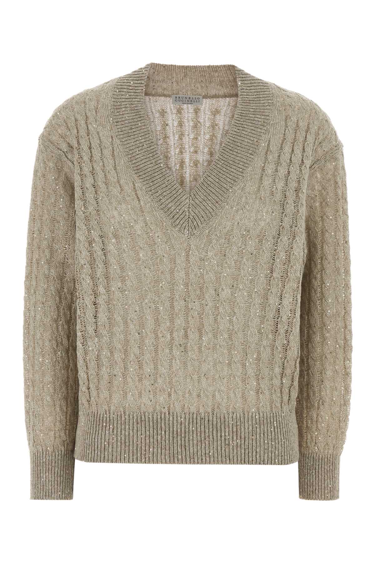 Linen-Nylon V-Neck Sweater — Beige