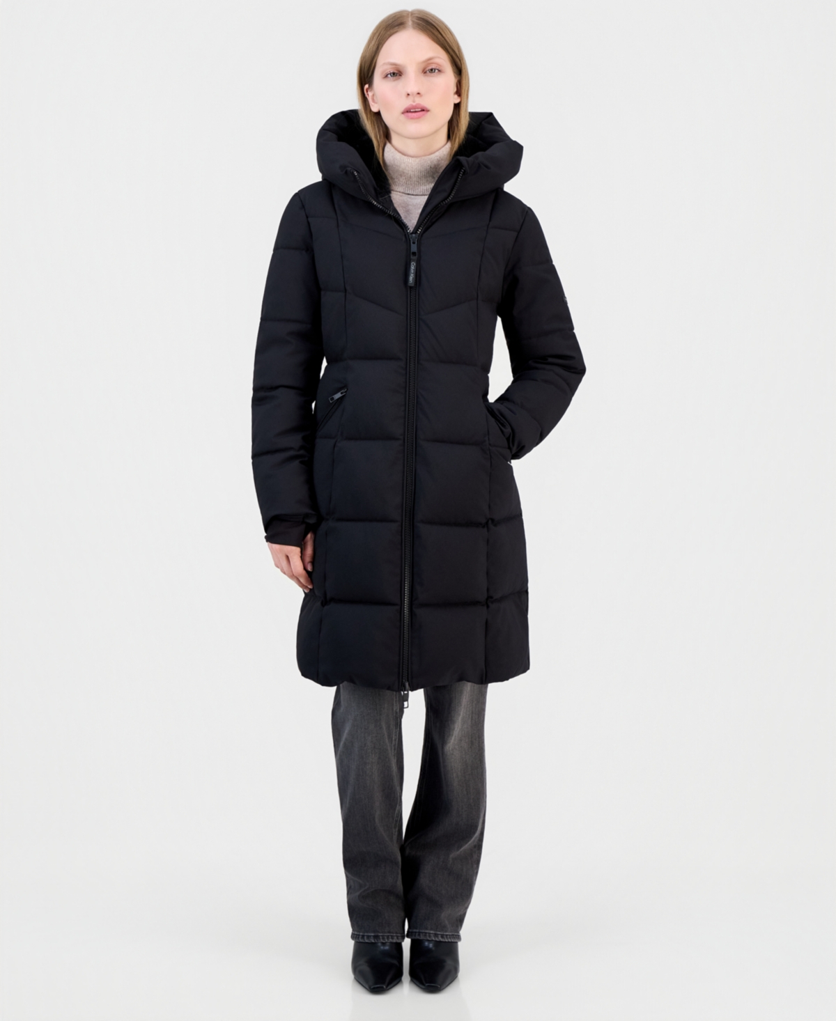 Women's Hooded Zippered Puffer Coat - Black