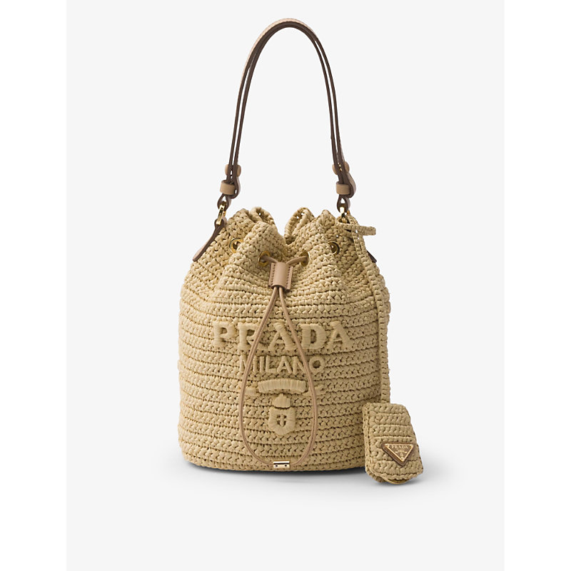 Womens Neutral Logo-embroidered Raffia Bucket bag 