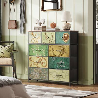 9-Drawer Fabric Dresser, Tall Storage Tower For Bedroom, Hallway, Entryway, Closet, Chest Organizer Unit With Fabric Bins, Steel Frame, Wood Top, Easy