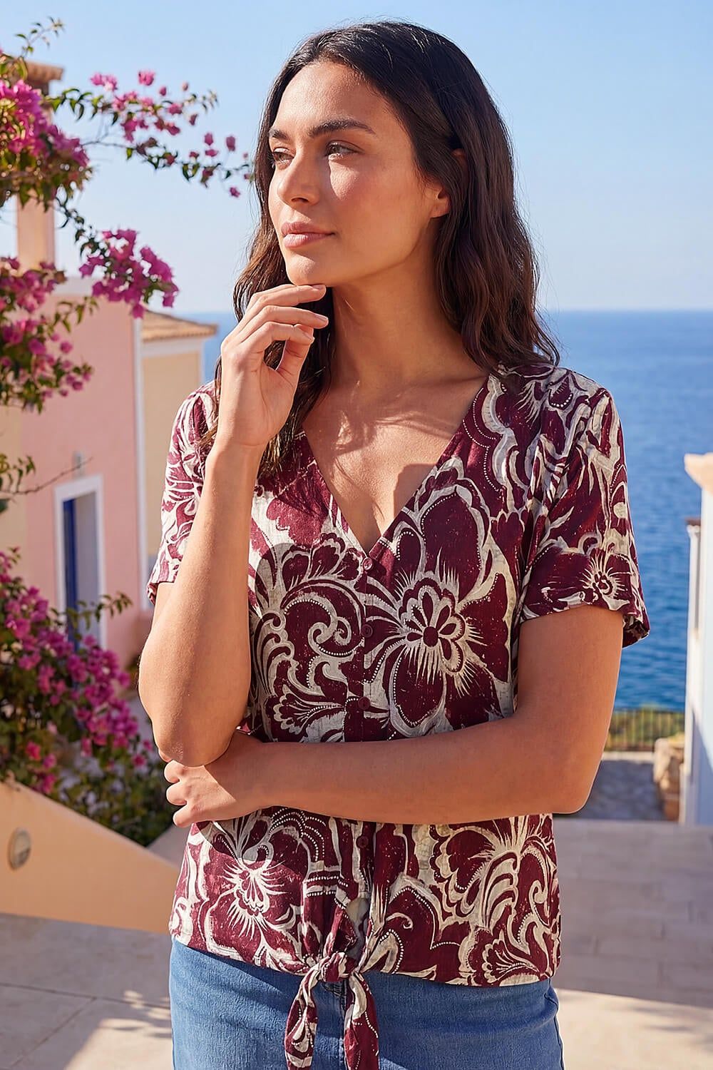 Roman Floral Print Tie Front V-Neck Top In Wine