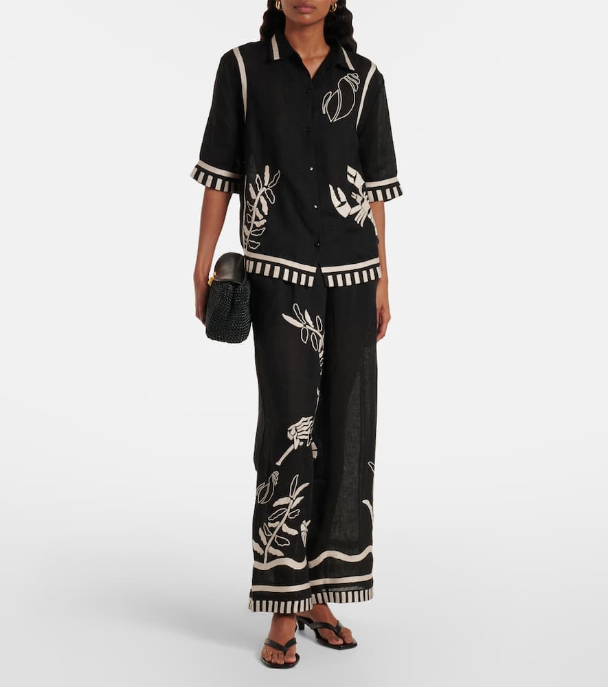 Octopus embroidered linen wide-leg pants