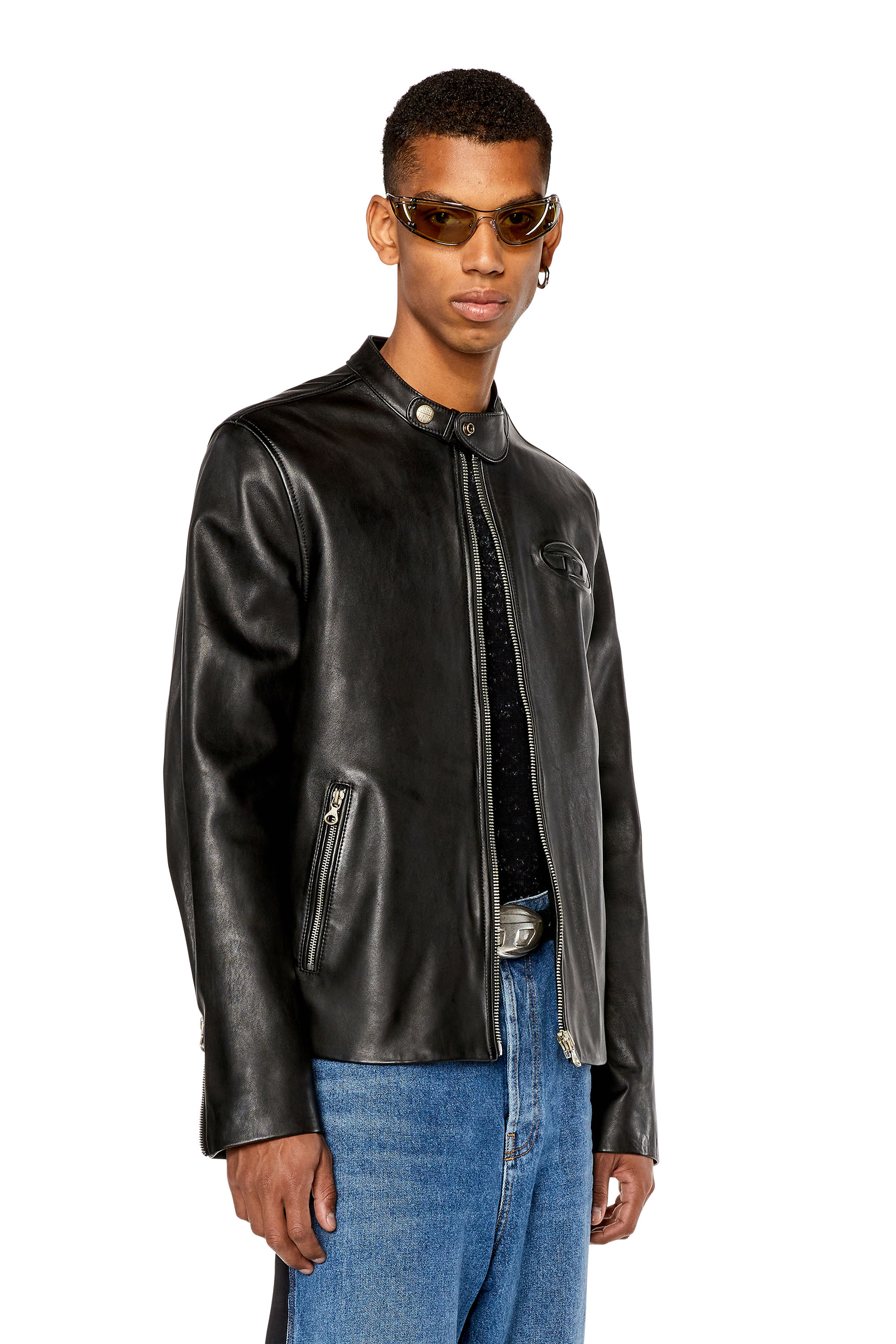 Long-sleeved leather biker jacket - Black