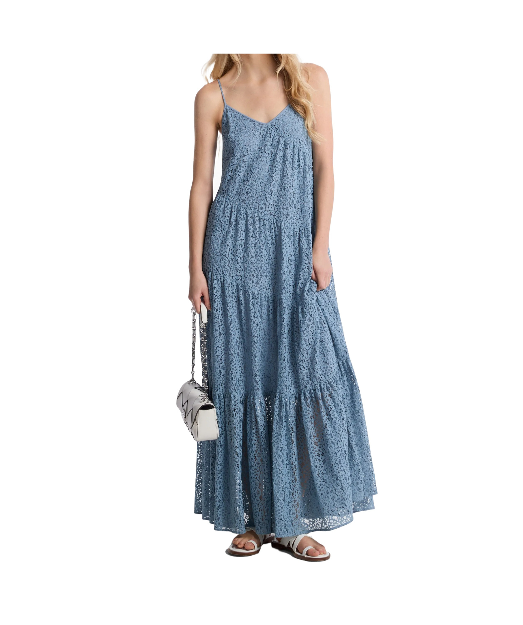 Floral lace tiered slip dress